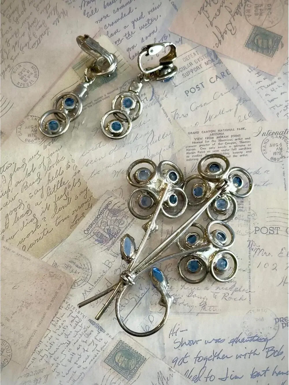 Vintage Blue Rhinestone Jewelry Set | Earrings & Floral Brooch | Something Blue